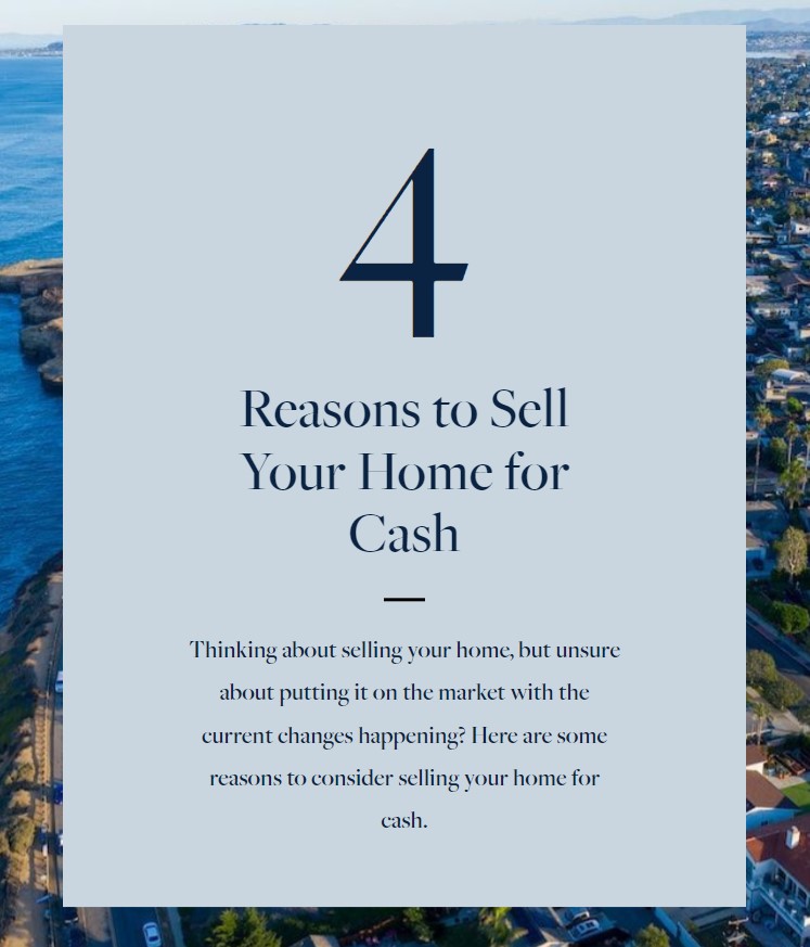 blue square in front of the san diego coastline that says 4 reasons to sell your home for cash