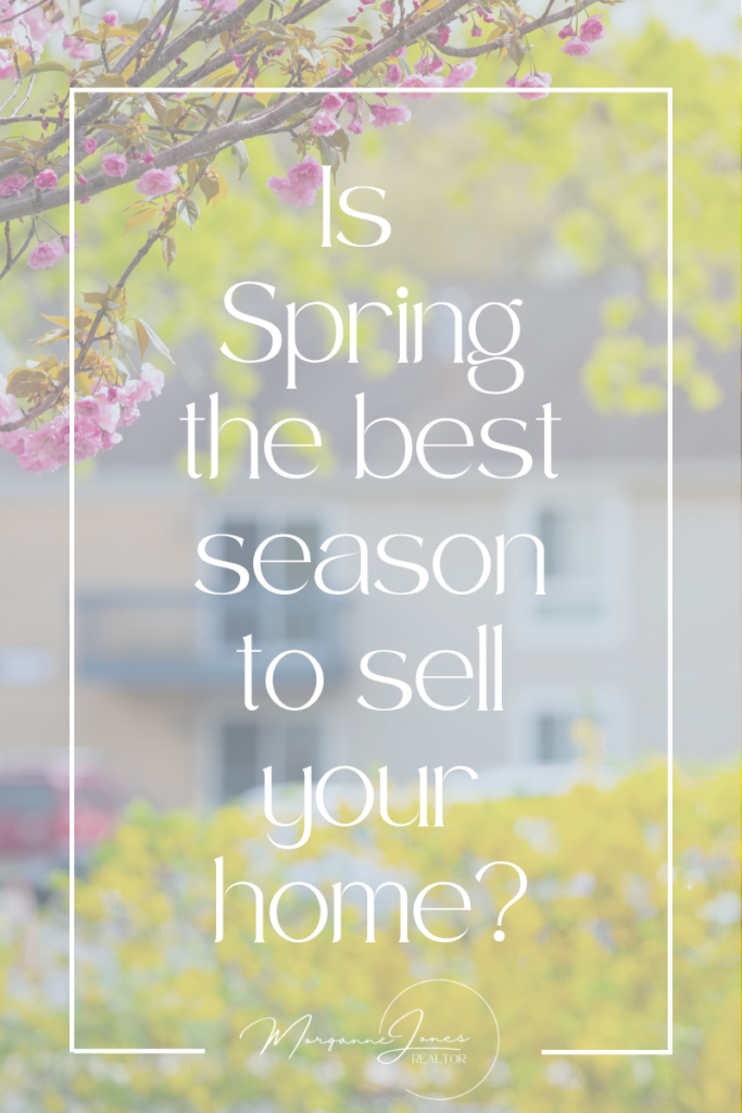 Is Spring the best time to sell your home? Graphic with home and flowers with Morganne Jones Realtor logo